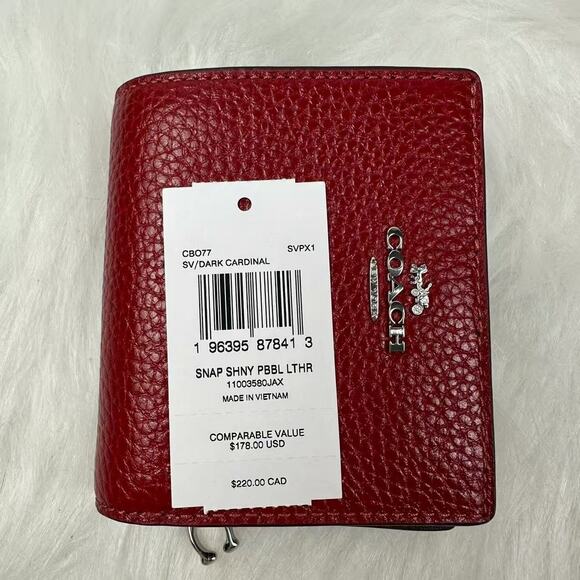 Coach Snap Wallet In Pebbled Leather/Silver/Dark Cardinal CBO77 NWT - Picture 4 of 5